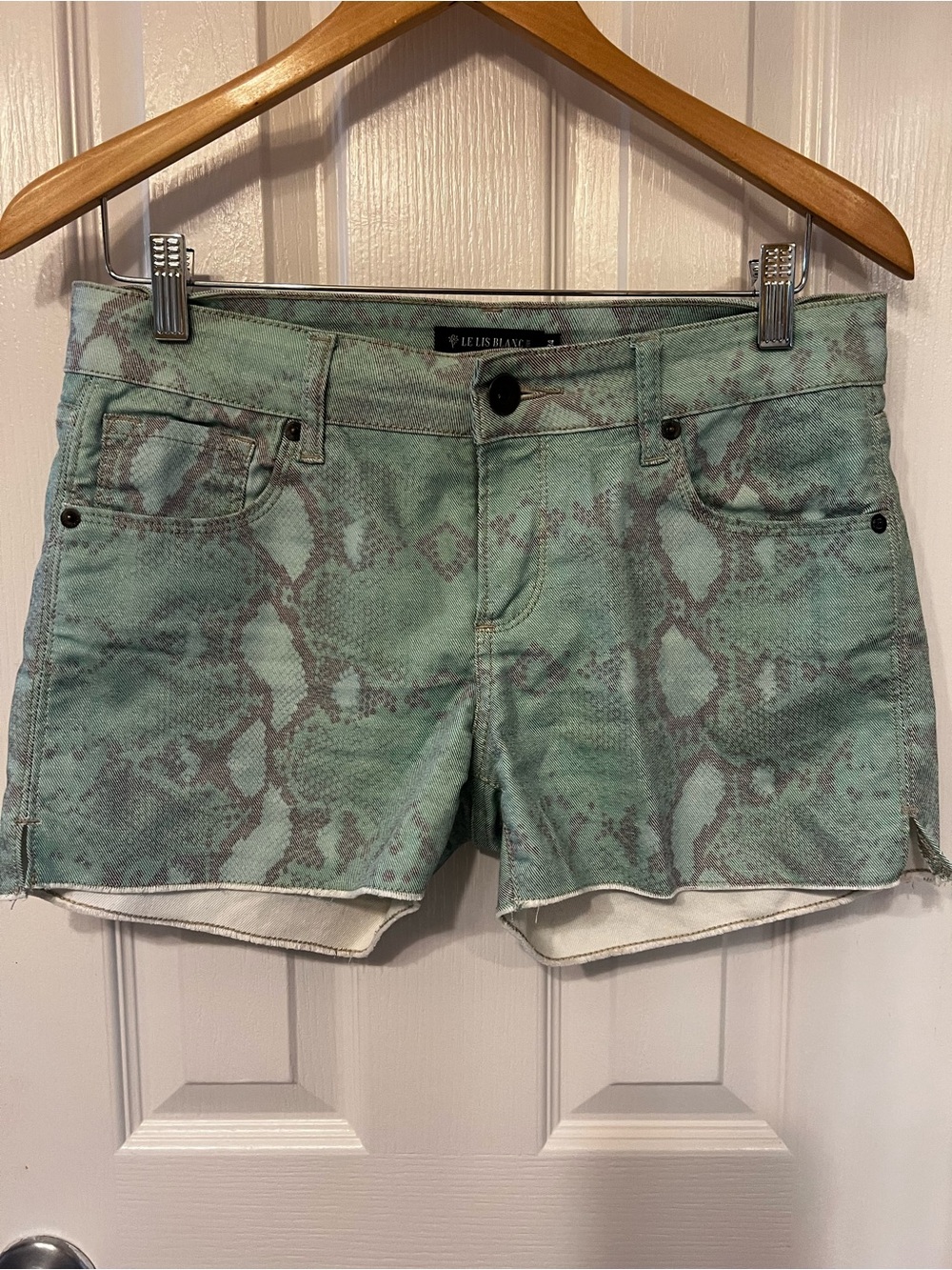 Le Lis Mint Green Snake-Print Denim Shorts, Size 2